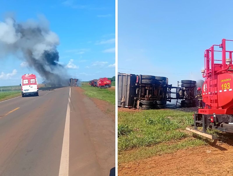 Caminhão tomba; pega fogo em rodovia e deixa dois feridos em MT; Veja