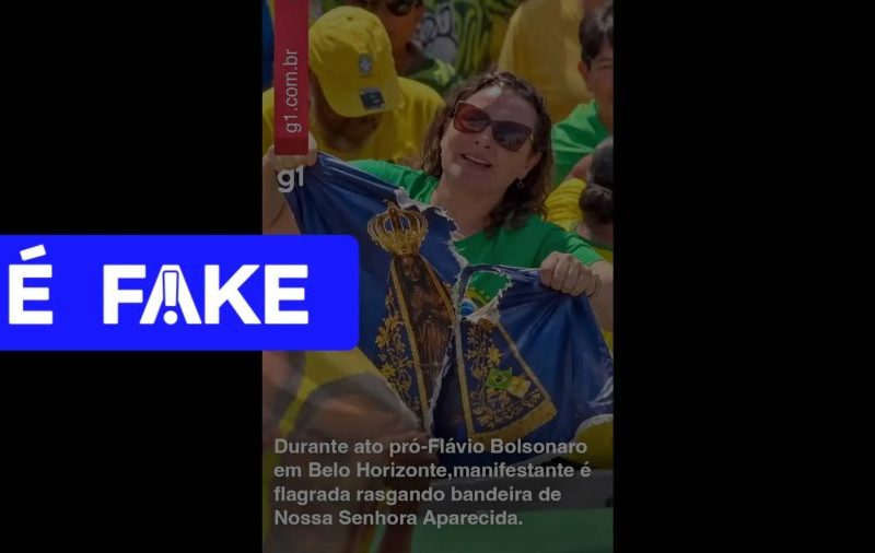É #FAKE foto de mulher rasgando bandeira de Nossa Senhora Aparecida em ato de apoio a Flávio Bolsonaro; cena foi criada com IA