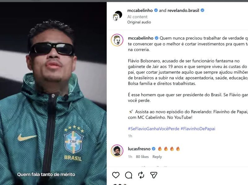 MC Cabelinho volta a publicar vídeo contra Flávio Bolsonaro após postagem ser derrubada pela Meta