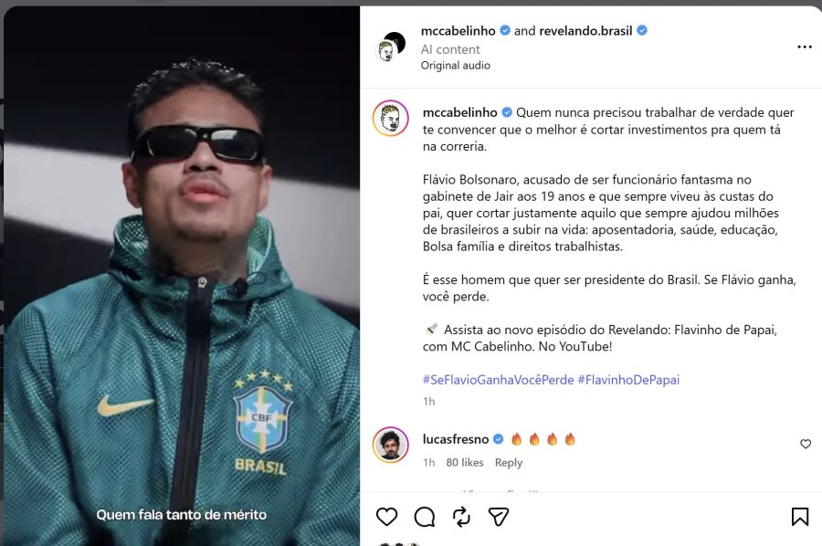 MC Cabelinho volta a publicar vídeo contra Flávio Bolsonaro após postagem ser derrubada pela Meta