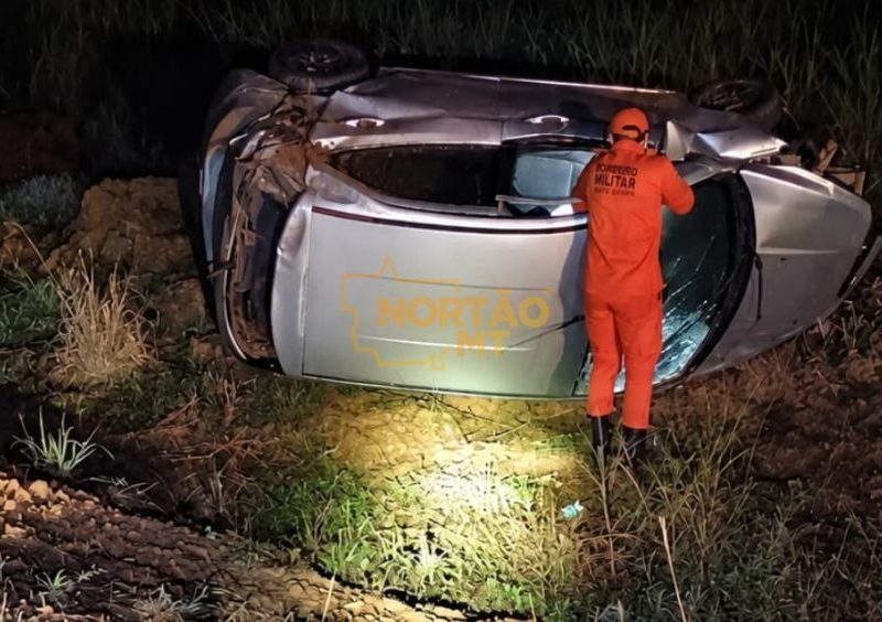 Carro capota na MT-242 após motorista atropelar vaca